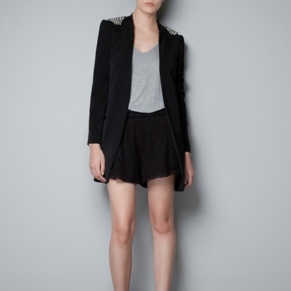 New Zara studded padded shoulder longline edgy military tuxedo blazer jacket